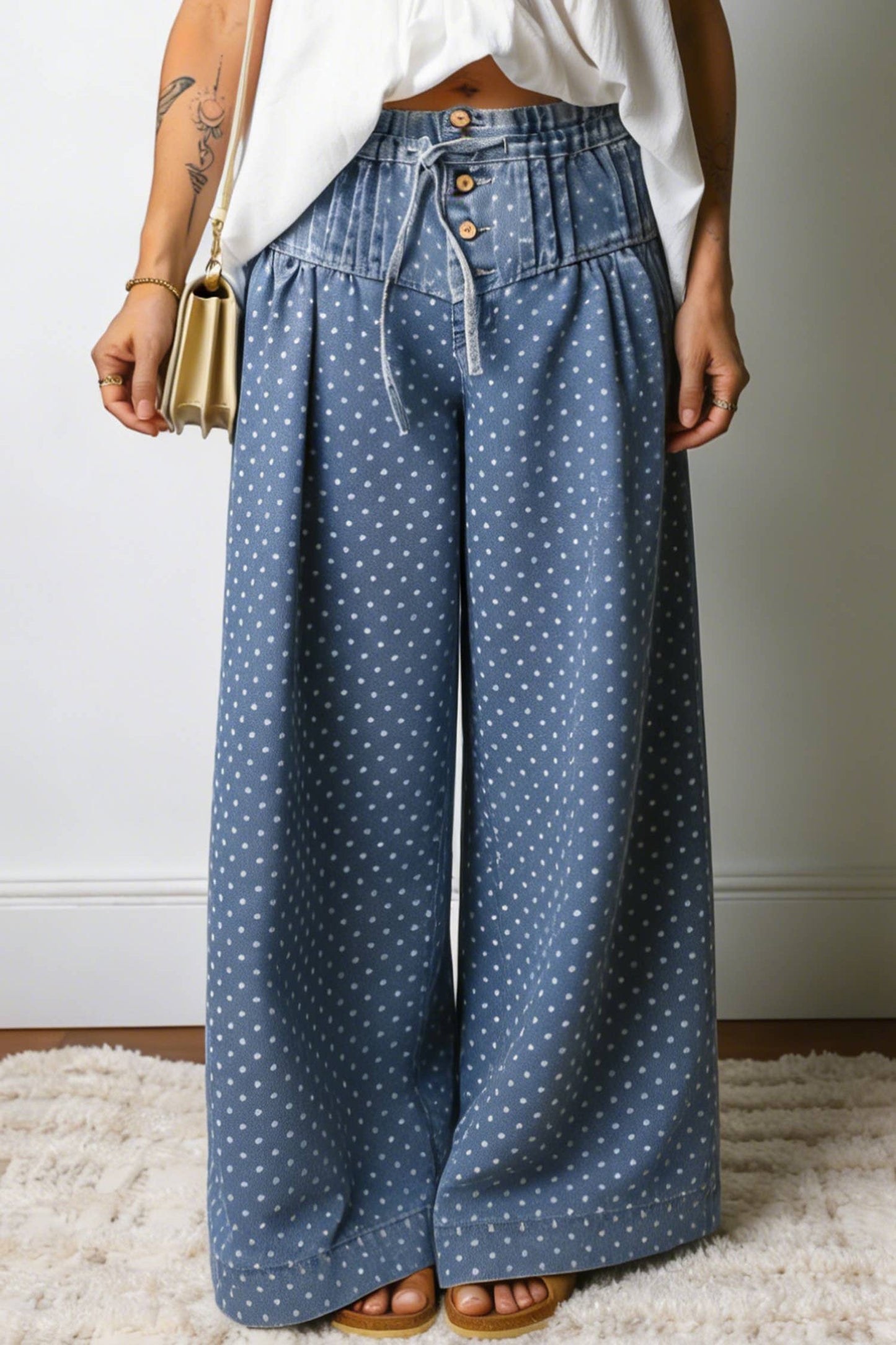 Stripe Button Pleated Drawstring Waist Casual Wide Leg Jeans