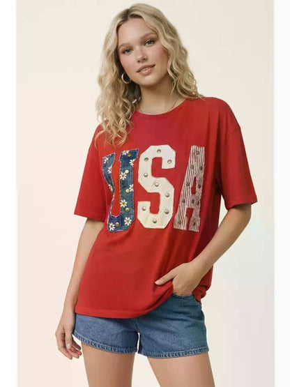 Mixed-Media Studded USA Graphic Tee