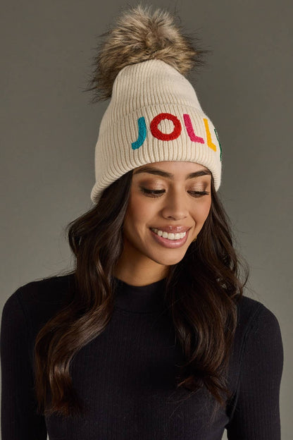 Beige Jolly Knit Pom Hat