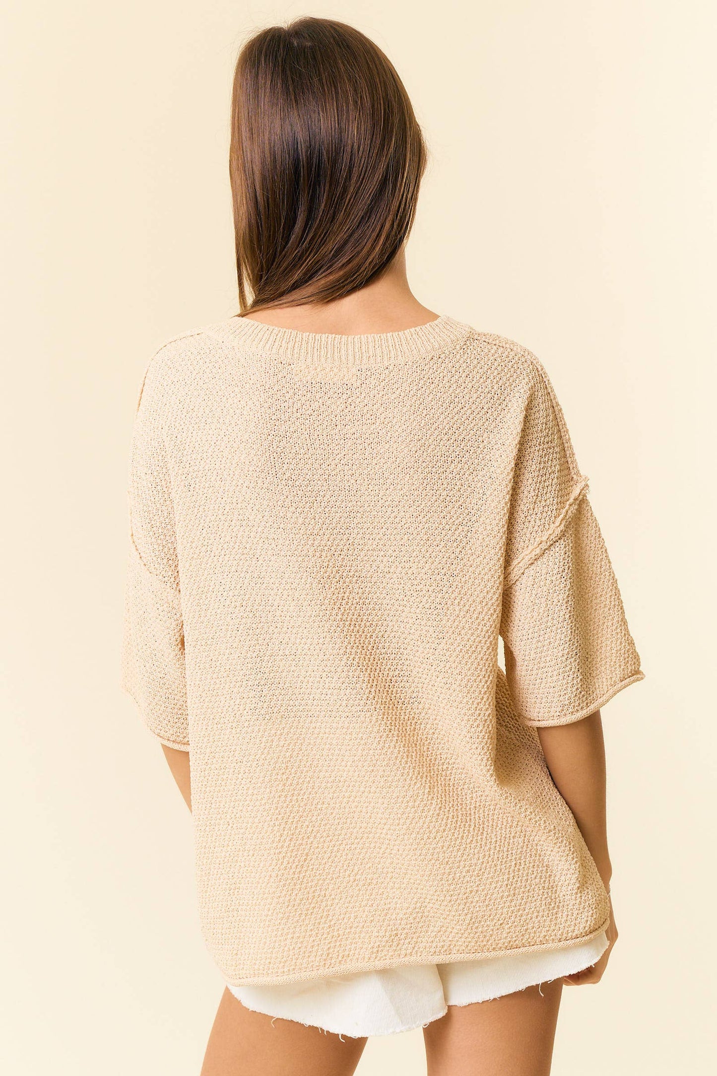 V-Neck Dropped Short Sleeve Exposed Seam Sweater - 44339T