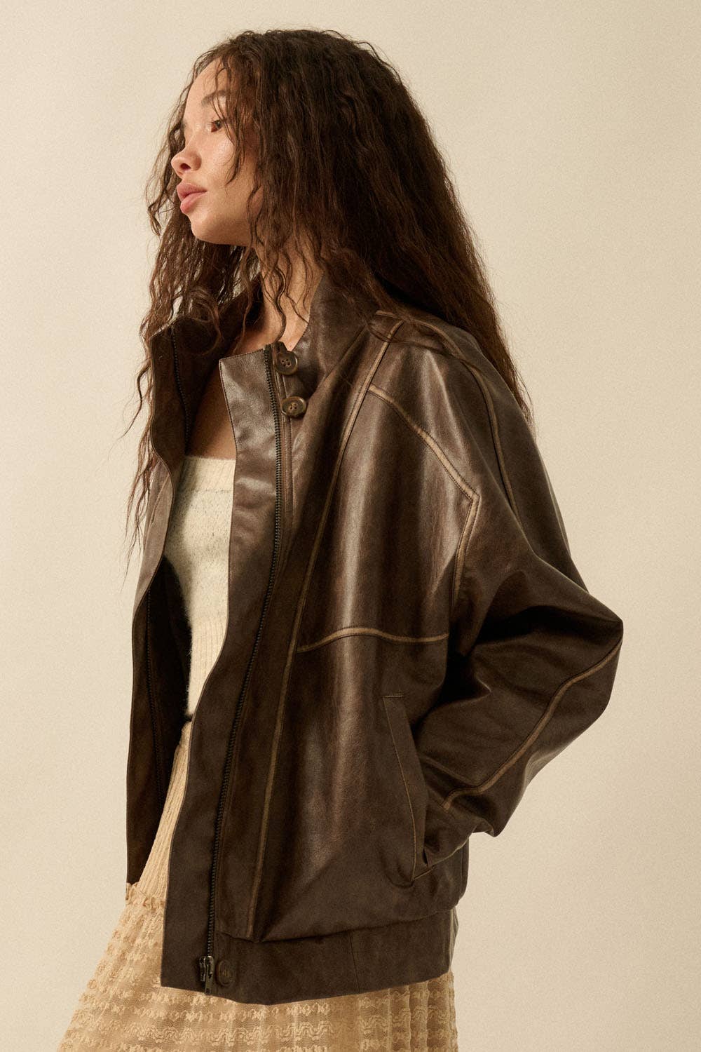 Faux Leather Piping-Trimmed Zip-Up Jacket