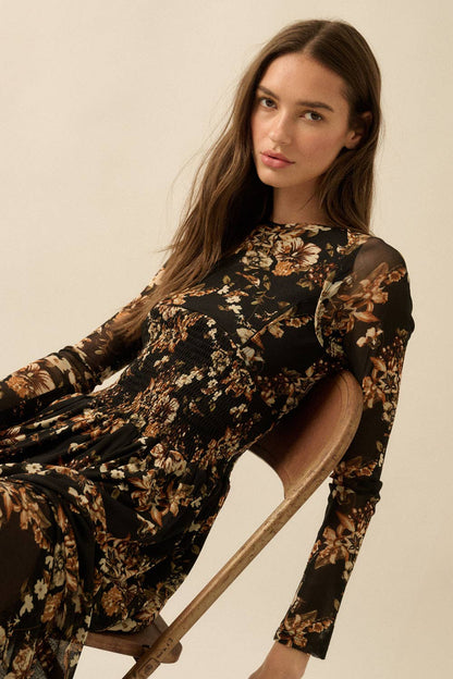Floral Mesh Smocked Long-Sleeve Midi Dress