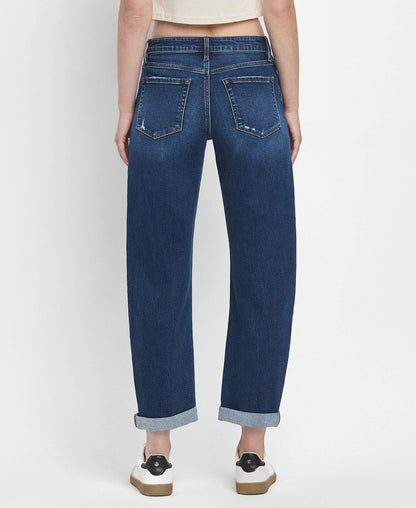 MID RISE DOUBLE CUFFED HEM BARREL LEG JEANS LV1490