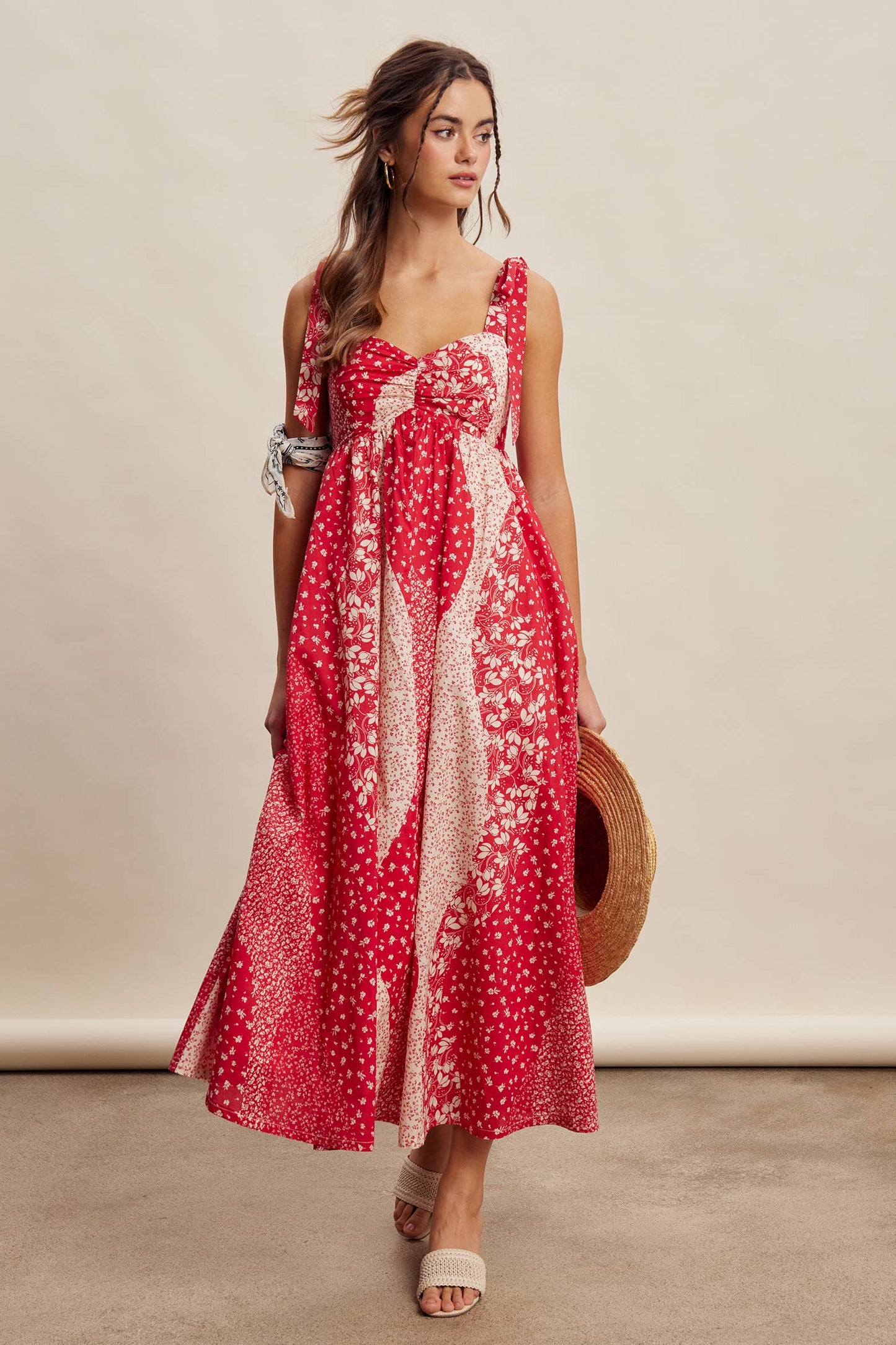 Patchwork Tie Strap Cotton Maxi Dress LD1625