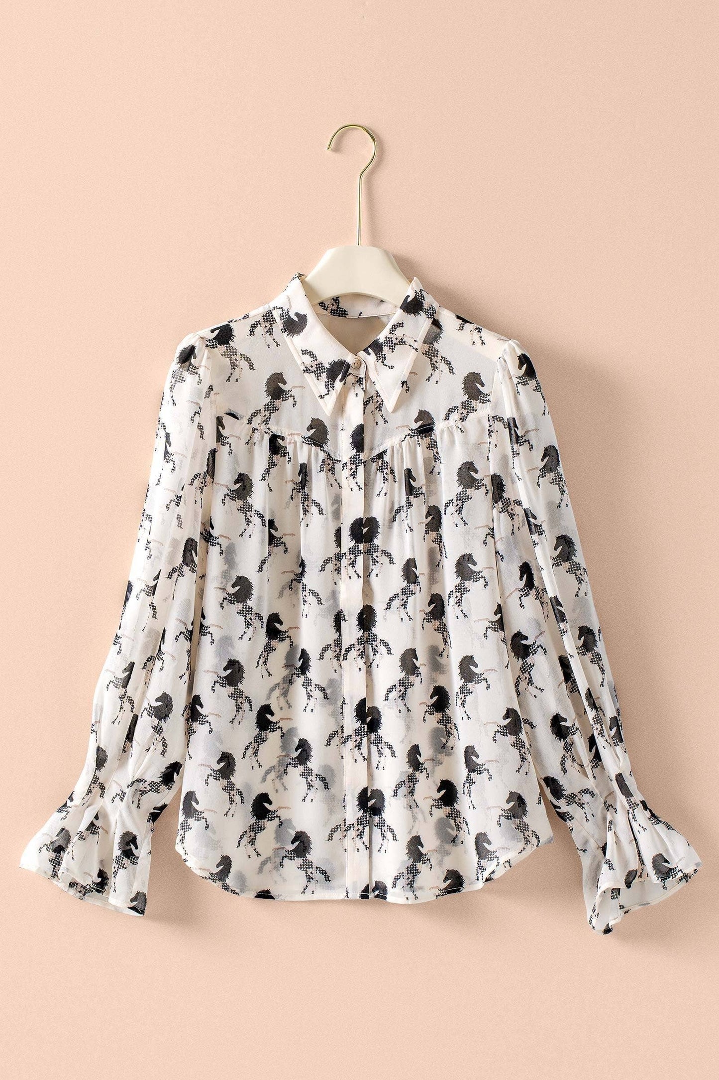 Western Horse Print Button Down Blouse Flared Cuff