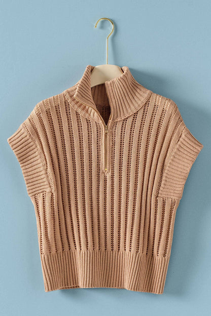 Ribbed Knit Half-Zip Mock Neck Sweater Vest