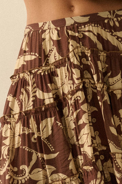 Floral-Print Buttoned Tiered Ruffle Maxi Skirt