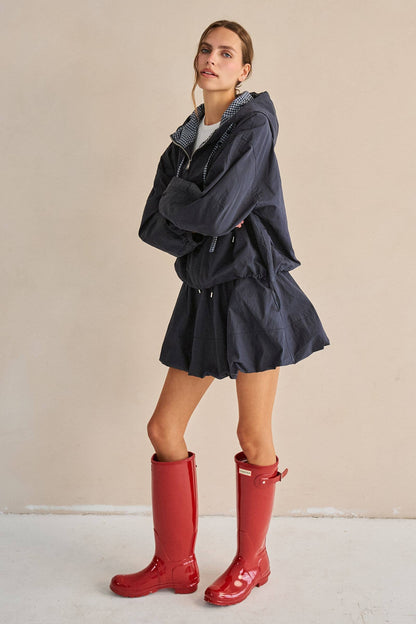 DRAWSTRING GINGHAM HOODED JACKET