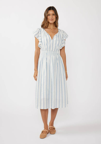 Ruffle Sleeve Split-Neck Smocked Waist Midi Dress
