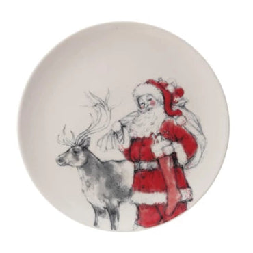 Stoneware Plate with Santa & Reindeer Image
