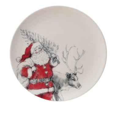 Stoneware Plate with Santa & Reindeer Image