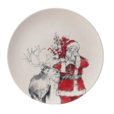 Stoneware Plate with Santa & Reindeer Image