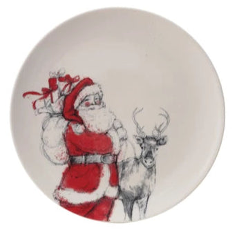 Stoneware Plate with Santa & Reindeer Image