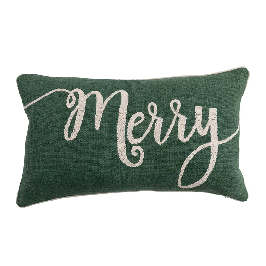 Cotton Slub Lumbar Pillow with Embroidered "Merry", Green & Natural