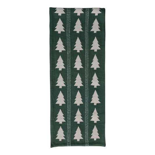 Table Runner with Trees Pattern, Embroidery & Stitching, Green & Natural